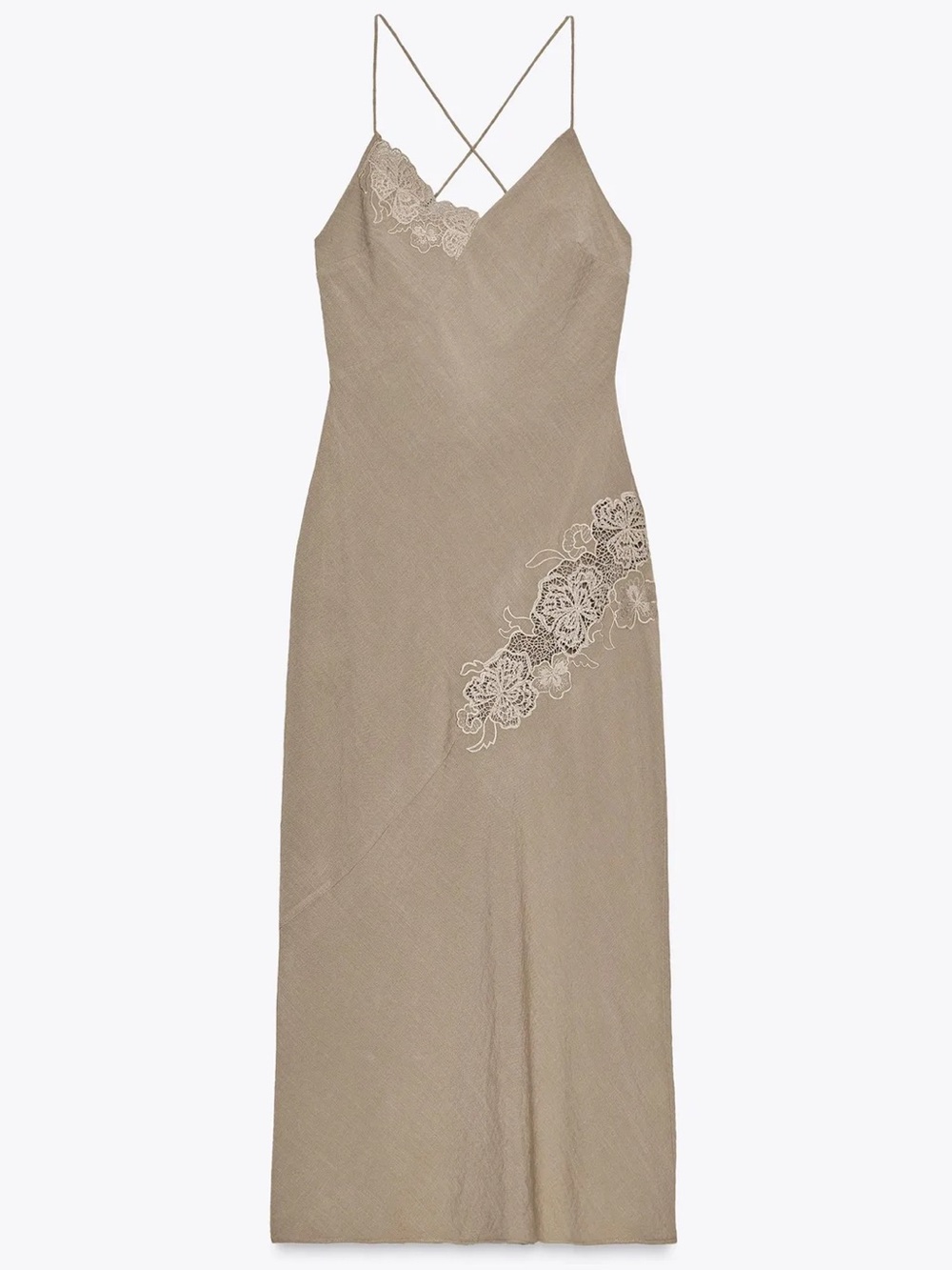 Zara Slip Midi Dress with Floral Lace - Taupe